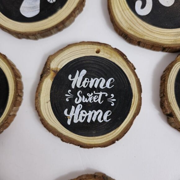 Set of 8 Rustic Wooden Log Pine Chips Black White Christmas Ornaments - Picture 7 of 11